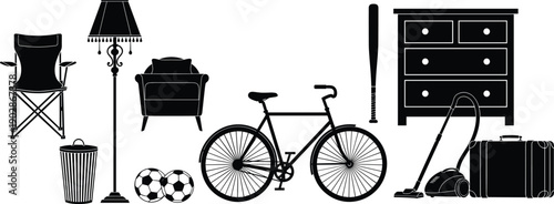 Household furniture and everyday objects silhouettes set, chair lamp sofa bicycle dresser vacuum luggage sports equipment vector illustration