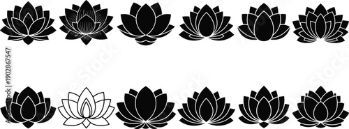 Lotus flower silhouette vector set yoga meditation symbol floral mandala icon spa wellness logo black illustration collection