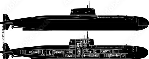 Military submarine silhouette and technical cutaway illustration, modern naval warfare vessel concept, detailed underwater defense vector isolated on white for infographics and design use