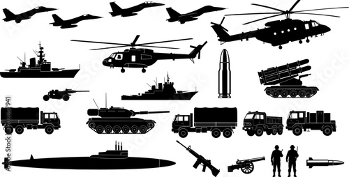 Military weapons and combat vehicles silhouettes collection featuring fighter jets helicopters tanks warships missiles and army transport equipment for defense warfare vector illustration 