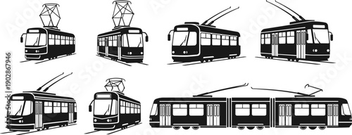 Modern electric tram and streetcar silhouette collection showing multiple angles and articulated designs for urban transport, public transit systems, smart city mobility, and vector illustration use