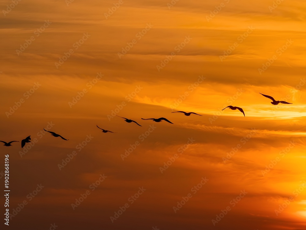 Fototapeta premium Flock of birds flying at sunset over glowing orange sky, dramatic silhouettes in peaceful evening scene with copy space background