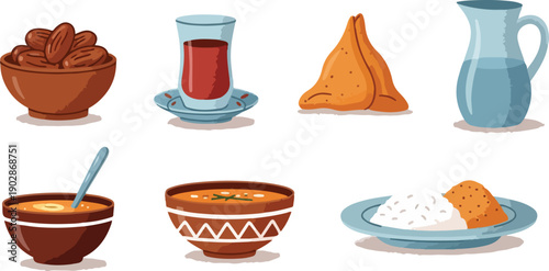 Ramadan Kareem Element Set  Iftar Food for Islamic Holy Month Concept