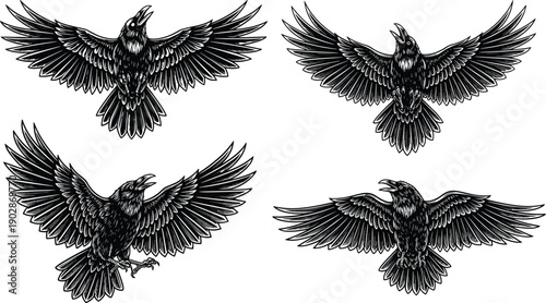 Black raven crow birds flying with spread wings detailed engraving style tattoo gothic vector illustration isolated set collection