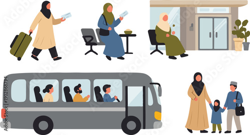 Muslim People Traveling for Mudik or Eid Homecoming, Muslim Family with Suitcase Going Home for Ramadan, Bus and Travelers in Terminal Illustration, Islamic Holiday Journey Flat Vector