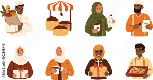 Muslim People Celebrating Ramadan Collection, Islamic Community Sharing Food and Gifts, Flat Vector Illustration of Men and Women in Traditional Hijab and Clothing for Eid Mubarak and Iftar