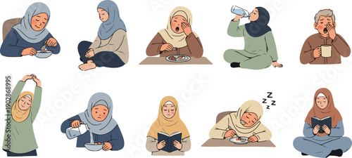 Muslim Family Activities during Ramadan Set, Sahur and Iftar Character Illustration