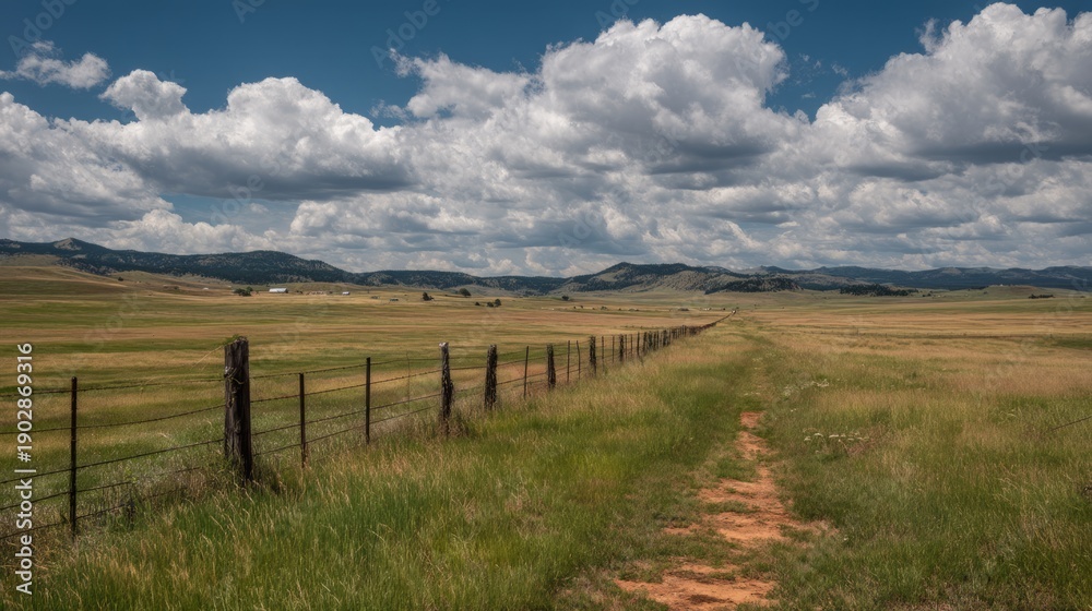 Obraz premium Expansive Farm Landscape with Stretching Fence Under Dramatic Sky and Open Fields