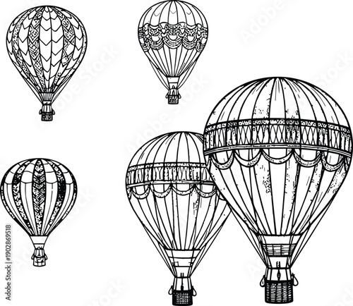 Vintage hot air balloons engraving set with flying aerostat aircraft travel adventure retro line art vector illustration collection