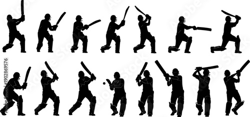 Cricket batsman silhouettes set, professional batting action poses and shot techniques, sports performance movement collection, black vector illustration isolated on white background
