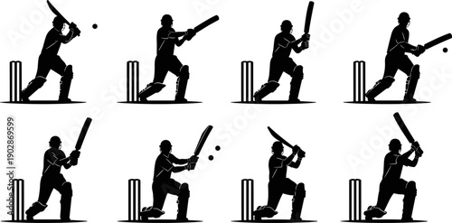 Cricket batting action silhouette vector set, batsman playing shots near stumps, dynamic sports motion icons in black flat design for training graphics