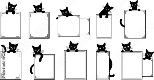 Cute black cat frame illustration set, playful kitten silhouettes peeking over borders, cartoon pet characters for greeting cards, posters, stickers, clean flat vector design isolated