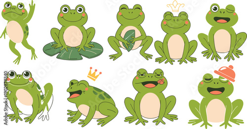 Cute cartoon frog collection vector illustration, funny frog characters set, adorable amphibian animals, green frog expressions, children’s design element