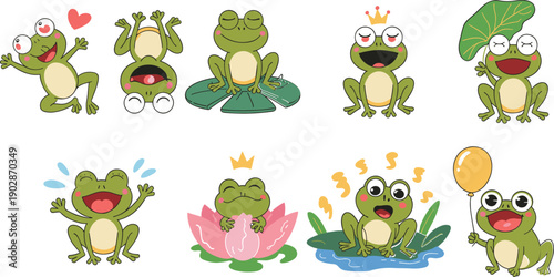 Cute cartoon frogs vector illustration set showing funny expressions, emotions, and adorable frog characters with crown, leaf, and pond elements.