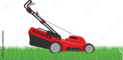 Red lawn mower cutting green grass vector illustration with garden landscaping equipment yard maintenance machine isolated outdoor tool