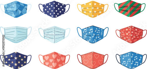 Colorful patterned face masks collection vector set with medical protective coverings reusable fashion designs isolated healthcare safety illustration