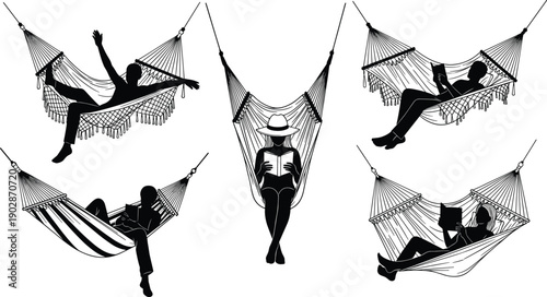 Hammock relaxation silhouettes vector set with people reading resting lounging outdoor leisure vacation lifestyle black isolated illustration collection