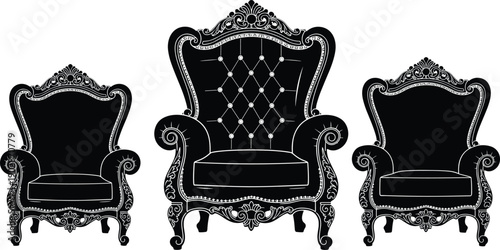 Luxury vintage baroque armchair set with ornate carved details, royal classic furniture silhouette collection isolated on white vector illustration