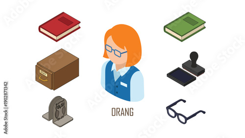 Isometric Professional Worker & Office Tools Vector Set. Business, Archiving, Reading, and Documentation Icons
