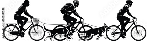Cyclists riding bicycles with running dogs on leashes, outdoor fitness adventure lifestyle black silhouette vector illustration isolated