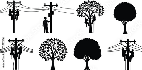 Utility workers repairing power lines and tree trimming silhouettes electrician arborist maintenance service industry safety vector icon set
