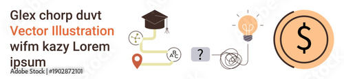 Education, finance, success, innovation, problem-solving, decision-making. Illustration shows a graduation cap, lightbulb path and dollar sign. Education and finance concept