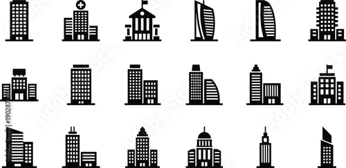 City building skyline silhouette icon set urban architecture skyscraper downtown real estate modern construction illustration isolated vector collection