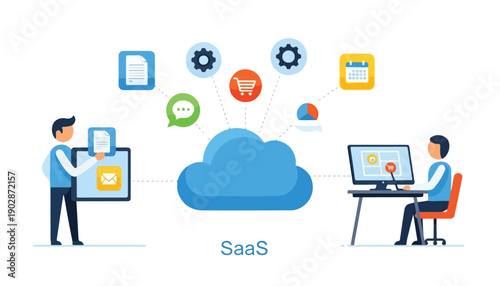 Illustration of Software as a Service (SaaS) concept with cloud computing, business applications, and people working digitally.