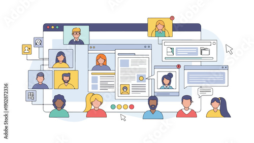 A visual representation of online communication, social networking, and digital collaboration among diverse individuals.