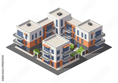 Isometric illustration of a modern residential apartment complex featuring multiple balconies and green courtyards, perfect for urban housing concepts.