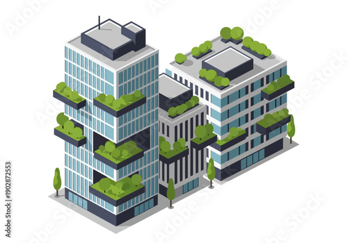 Isometric vector illustration of modern city buildings with green roofs and balconies, showcasing sustainable urban architecture and development.
