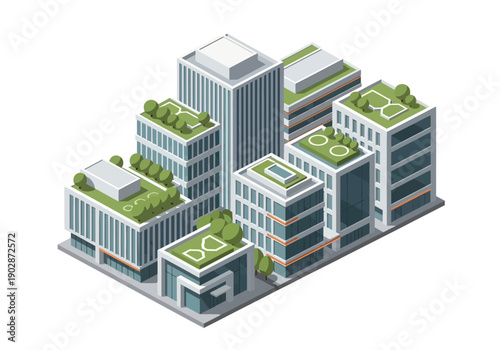 Modern office buildings with green roofs and trees in an urban setting viewed from above