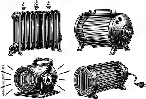 Vintage industrial electric heaters radiator and portable blower devices engraved style vector set for winter home garage workshop equipment collection