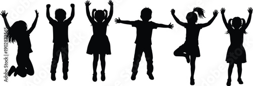 Silhouette illustration of joyful children in playful poses, jumping and celebrating with raised arms, black and white vector artwork, childhood freedom design
