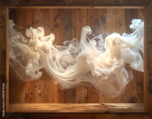Soft, billowing smoke in white and cream against wooden background