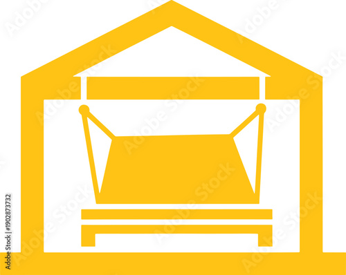 Yellow geometric outline of a whisk and a house with a triangular roof and rectangular base