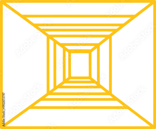 Yellow geometric pattern with nested shapes and lines forming a symmetrical
