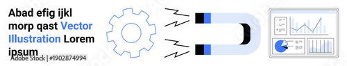 Magnet pulling gear toward data dashboard with graphs, charts, and analytics indicators. Ideal for business, technology, efficiency, data analysis, magnetism, workflow simple landing page