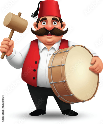 Cartoon Turkish Ramadan drummer with a big mustache wearing a red fez and holding a davul drum.