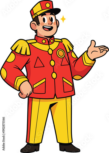 Friendly cartoon bellboy character in a vibrant red and yellow uniform gesturing with a welcoming smile.