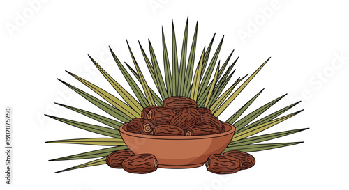 Illustration of dates in a terracotta bowl with palm leaves on a white background.