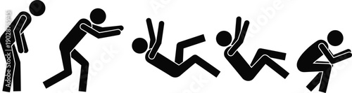 Black stick figure silhouette set depicting a sequence of falling, tripping, stumbling, and landing on the ground for safety, accident, and injury concepts.