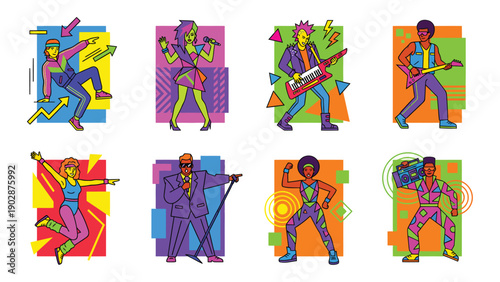 Retro 80s Pop Stars and Band Members Performing Live Music Concerts with Vibrant Colorful Abstract Backgrounds Vector Art