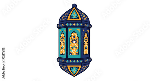 A colorful, ornate lantern with blue and gold details against a white background.