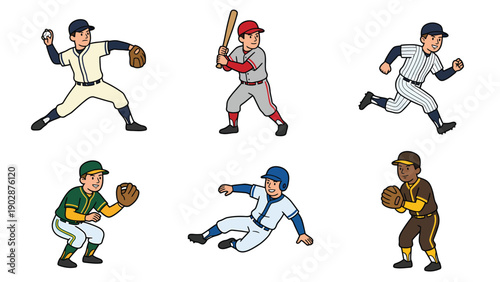 Diverse Cartoon Baseball Players in Action Poses Pitcher Batter Runner Fielder Catcher and Infielder Set