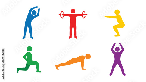 Diverse Set of Colorful Icons Representing Various Fitness Exercises for Health and Wellness Themes