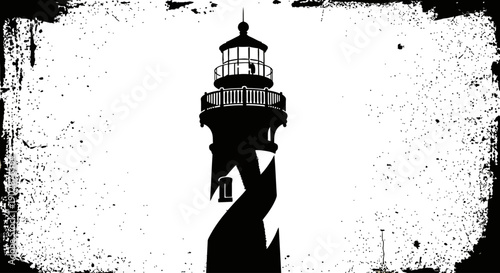 A Hand Holding a Lighthouse Silhouette Against a Distressed Background Graphic Illustration