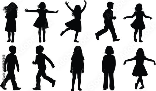 Collection of children silhouettes jumping, running, dancing, and standing in various poses, showing playful movement, creativity, active lifestyle, and joyful childhood concept