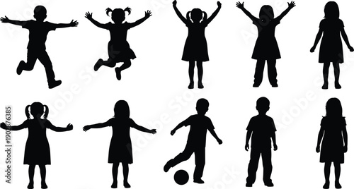 Collection of children silhouettes jumping, standing, and playing football in joyful poses, showing active lifestyle, creativity, fun, freedom, and energetic childhood development on white background