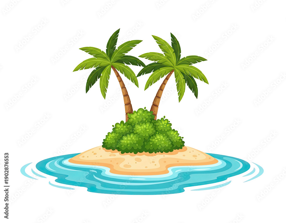 Obraz premium Small tropical island with palm trees and a sandy beach, surrounded by blue ocean water